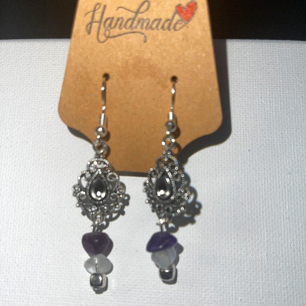 Chandelier Teardrop Earrings Tibetan Silver w/ Natural Chip Stone Beads Healing